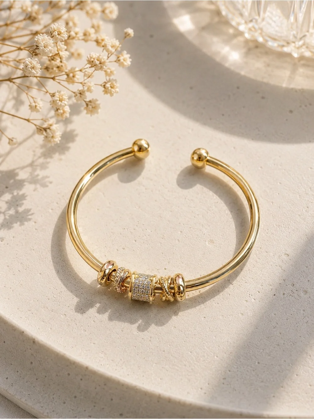 Gold Plated Adjustable Charm Cuff Bracelet Minimalist Rhinestone Bangle